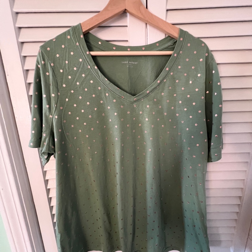 Lane Bryant Olive Polka Dot Short Sleeve Top